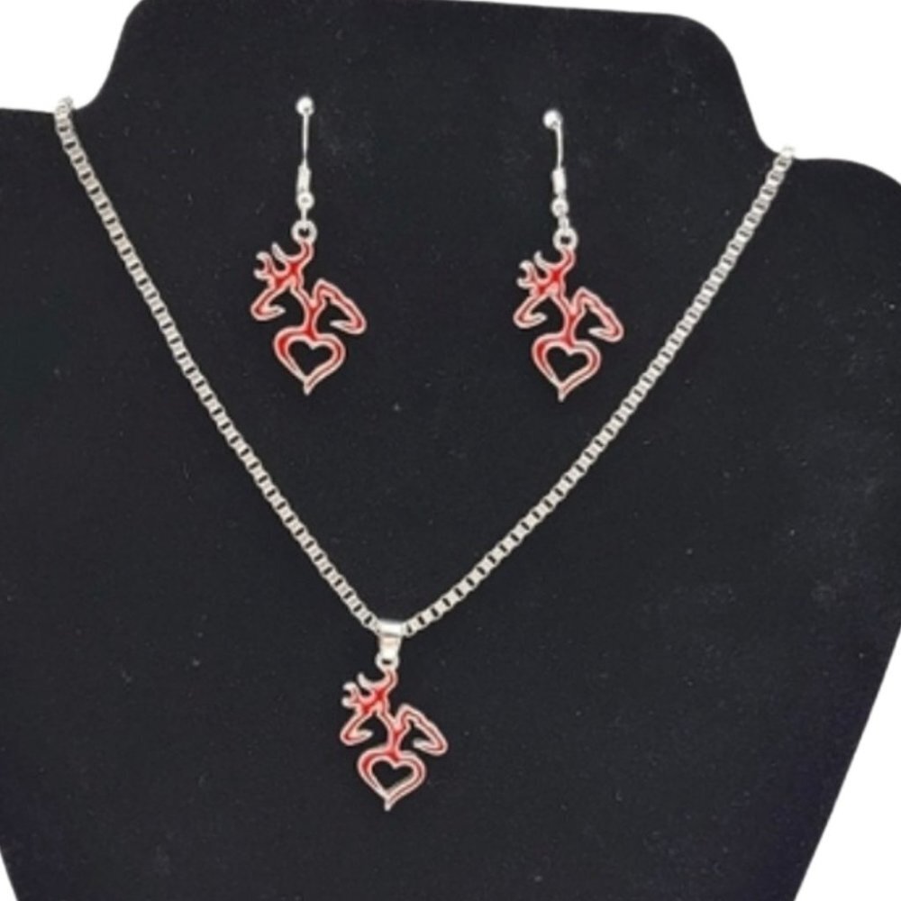 3/$20 Womens Necklace Drop Earrings Jewelry Set Silver Plated Deer Pendant Red